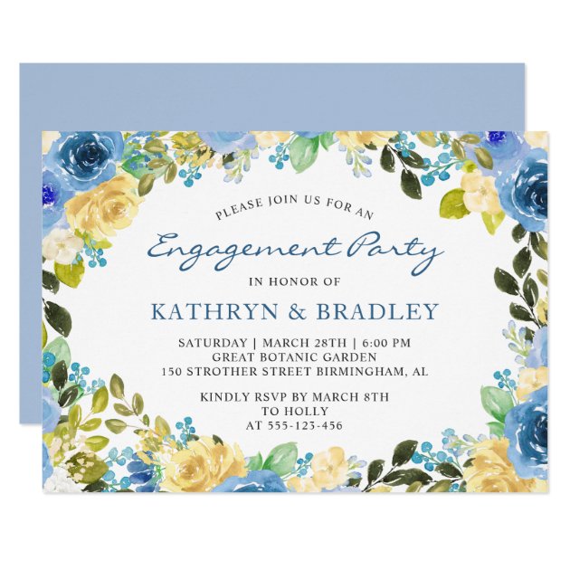 Elegant Blue Yellow Floral Engagement Party Card