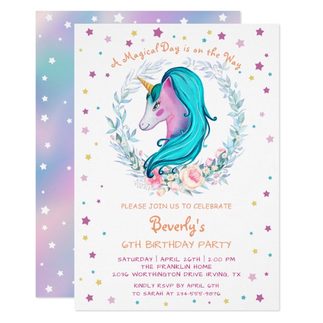 Magical Unicorn Watercolor Floral Birthday Card (front side)