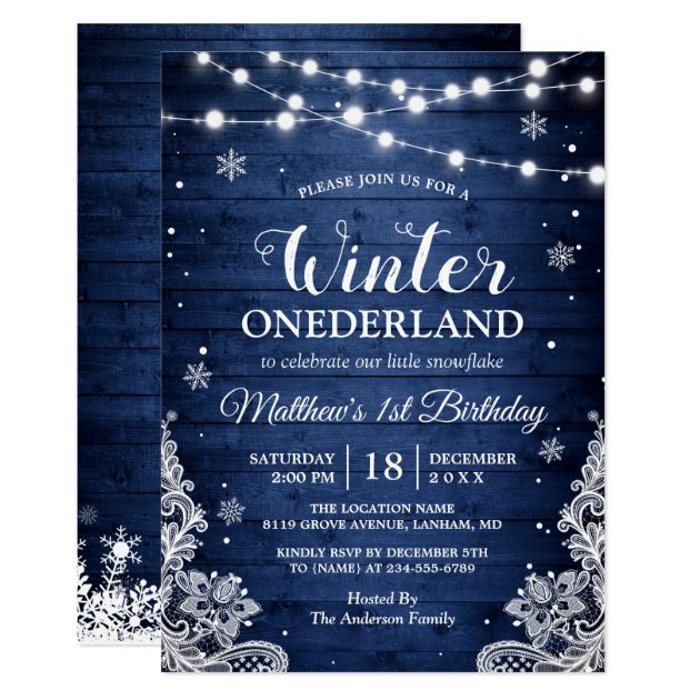 Winter Onederland Rustic Blue Baby First Birthday Invitation