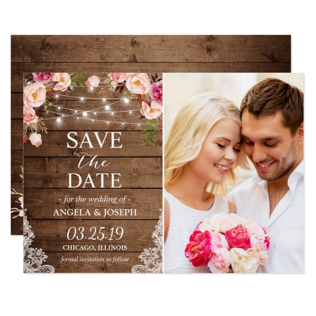 Rustic Floral String Lights Photo Save The Date Card