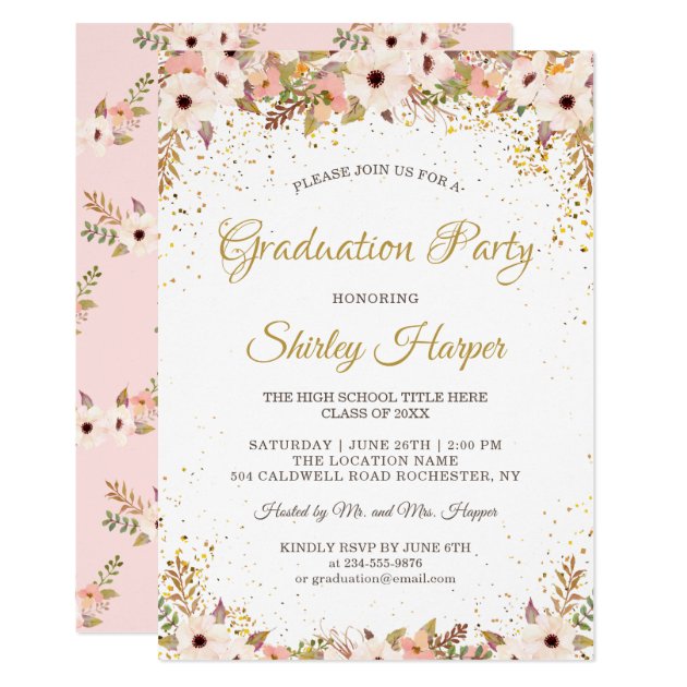 Elegant Floral Gold Confetti Pink Graduation Party Card
