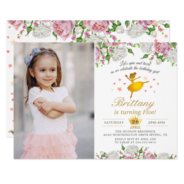 Elegant Gold Ballerina Floral Girl Birthday Photo Card
