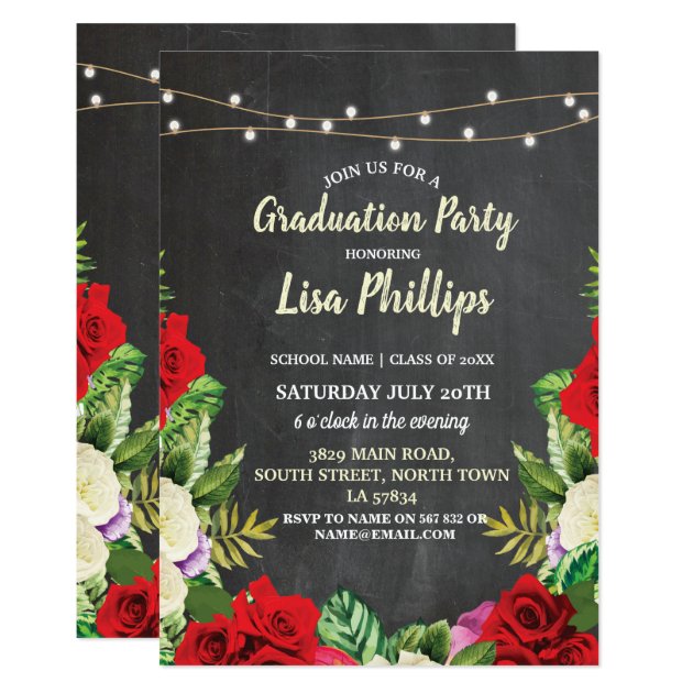 Graduation Party Rustic Red Roses Chalk Invite