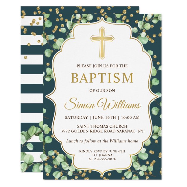 Modern Greenery Gold Glitter Baptism Invitation