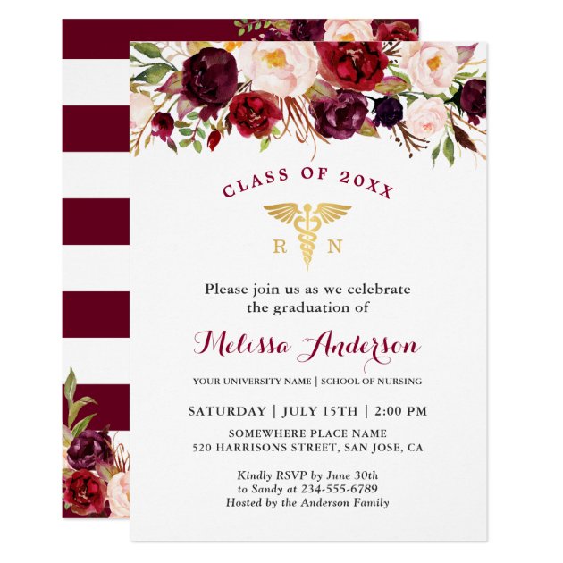 Burgundy Floral Nursing School Graduation Party Card