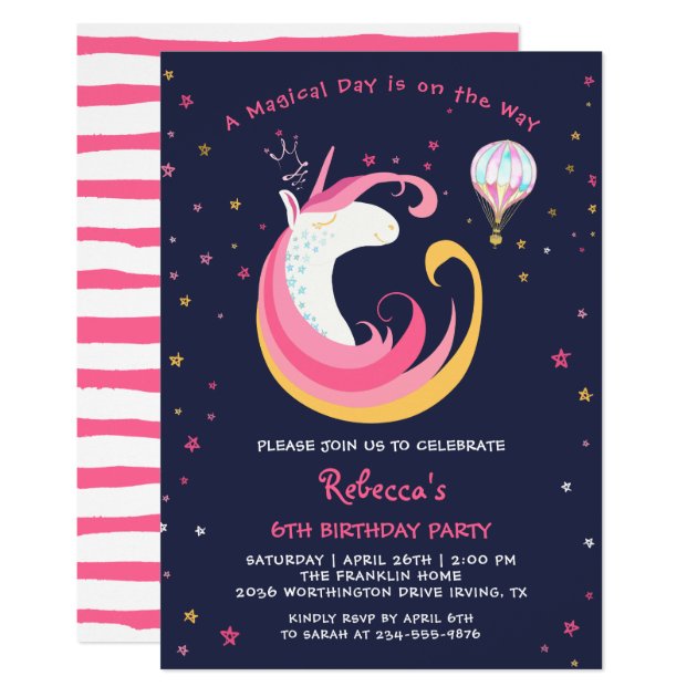 Dream Magical Unicorn & Hot Air Balloon Birthday Card (front side)
