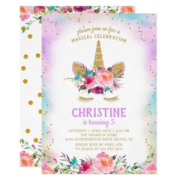 Unicorn Pink Gold Beautiful Floral Birthday Party Card