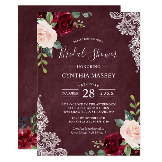Beautiful Burgundy Blush Floral Lace Bridal Shower Invitation