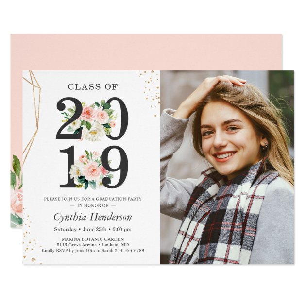 2019 Grad Photo Girly Blush Pink Floral Graduation Invitation