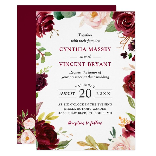 New! Lovely Burgundy Blush Floral Modern Wedding Invitation