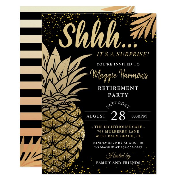 Black Gold Pineapple Surprise Retirement Party Invitation