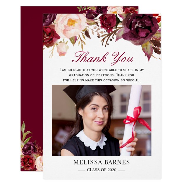 Burgundy Red Floral Graduation Photo Thank You Card