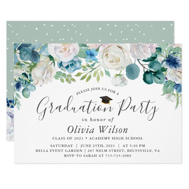 Graduation Party Sage Green Blue White Floral Invitation