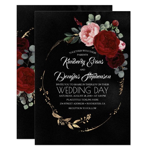 Black Burgundy and Gold Floral Modern Boho Wedding Invitation