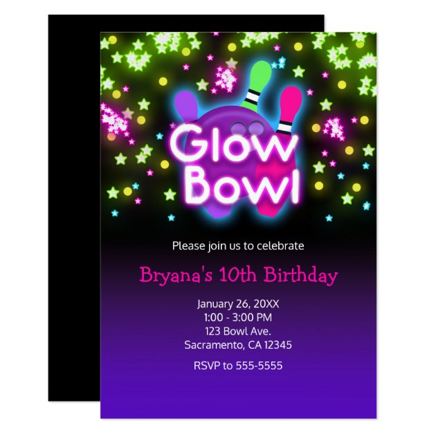 Glow Bowl Bowling Neon Stars Birthday Party Invitation