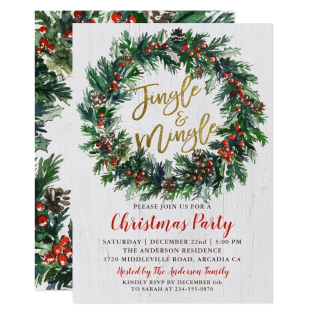 Rustic Wreath Gold Jingle & Mingle Christmas Party Invitation