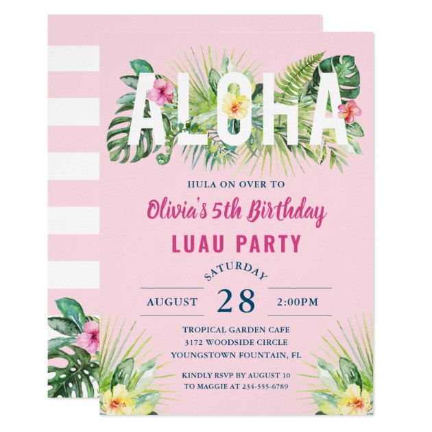 Pink Tropical Floral Aloha Luau Birthday Party Invitation