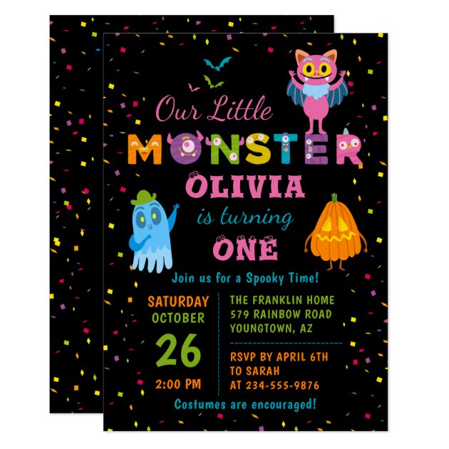 Pink Monster Halloween Costume Birthday Party Invitation
