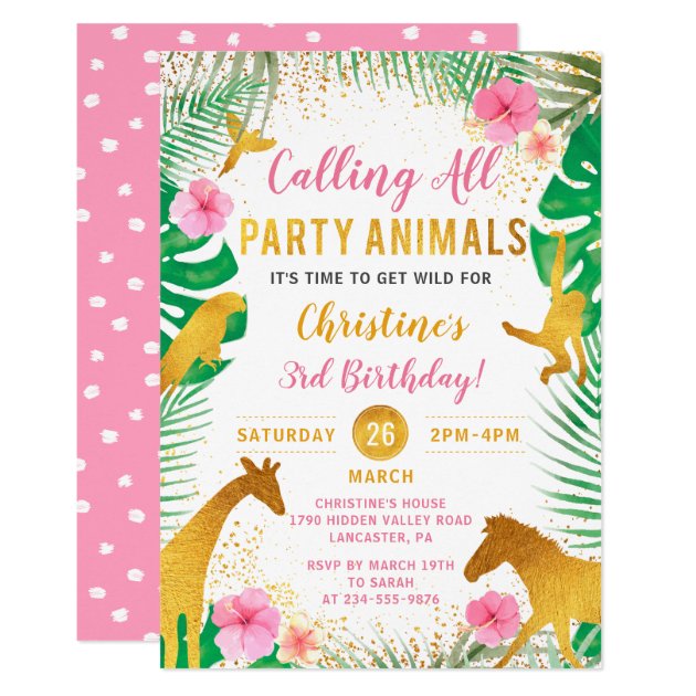 Pink Floral Jungle Animals Safari Girls Birthday Invitation
