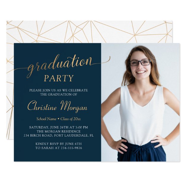 Gold Script Navy Blue Graduation Party Photo Invitation