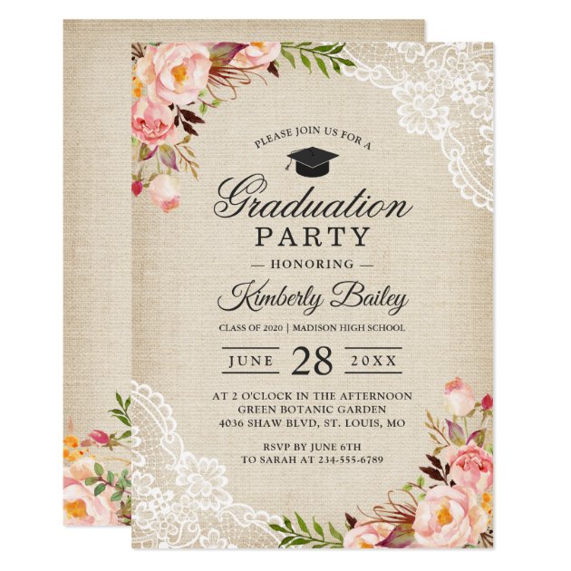 Rustic Blush Floral Lace Burlap Graduation Party Card