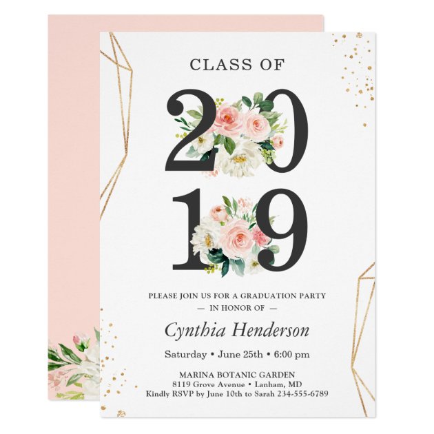 Class of 2019 Modern Gold Blush Floral Graduation Invitation