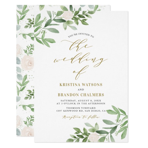Watercolor Greenery and White Flowers Wedding Invitation