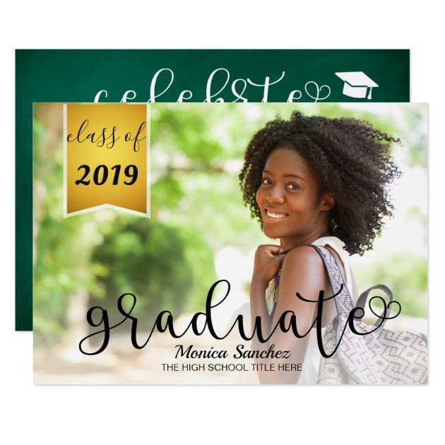 Green Chalkboard Typography Photo Grad Party Card