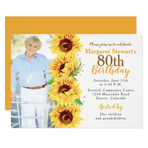 Yellow Sunflower Photo 80th Birthday Invitation