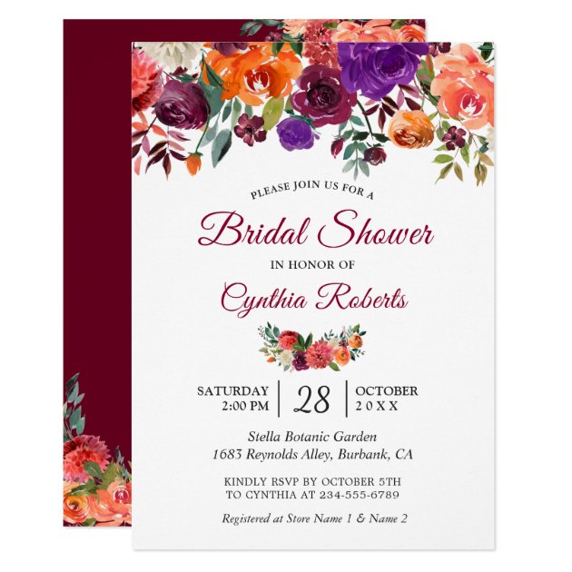 Burgundy Red Purple Orange Floral Bridal Shower Card
