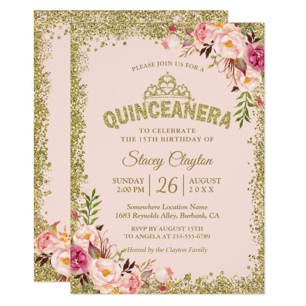 Blush Gold Pink Floral Quinceanera 15th Birthday Card