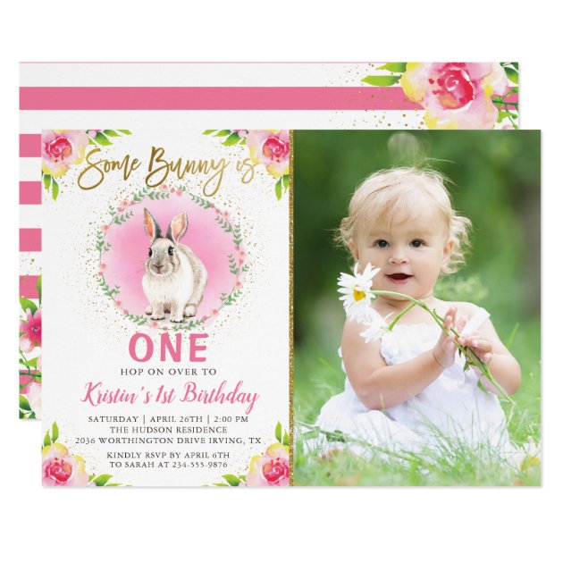 Some Bunny Pink Floral Gold Glitter Birthday Photo Invitation