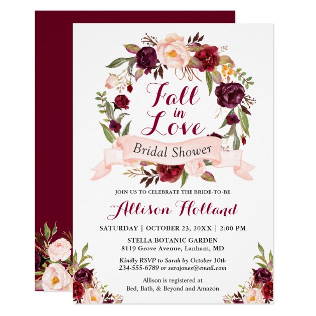 Fall in Love Burgundy Floral Wreath Bridal Shower Invitation