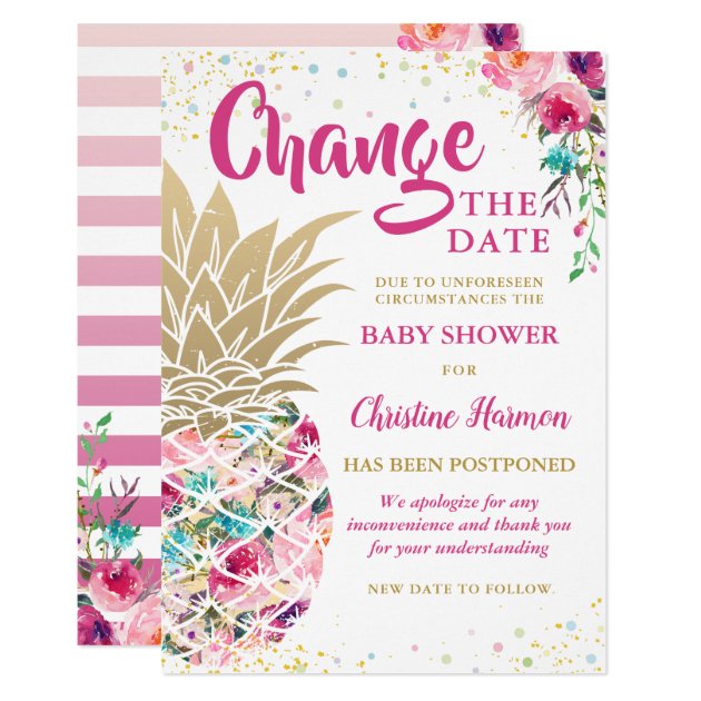 Change The Date Pink Gold Pineapple Baby Shower Invitation