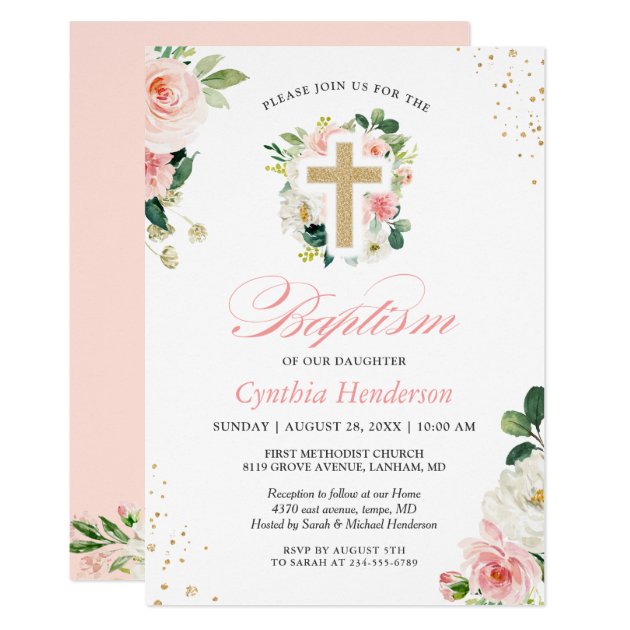 Baptism Christening Gold Blush Pink Floral Cross Invitation