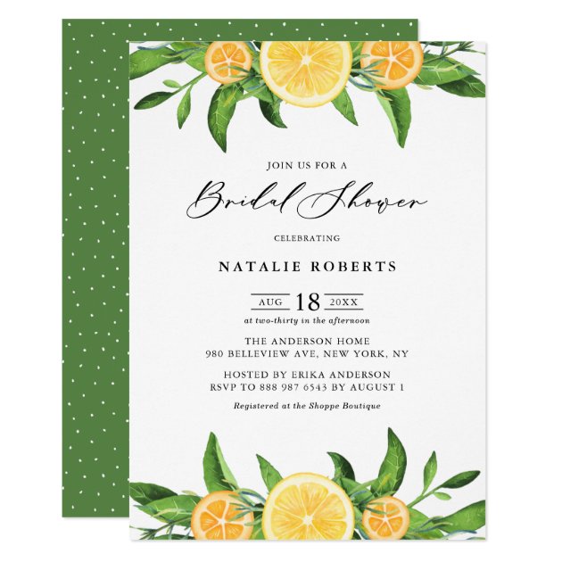 Watercolor Lemons and Oranges Summer Bridal Shower Invitation