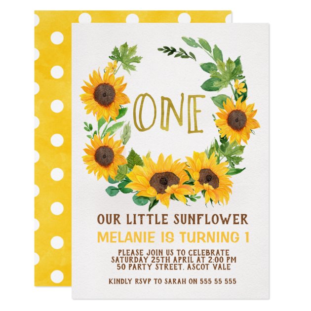 Yellow Sunflower Wreath 1st Birthday Invitation