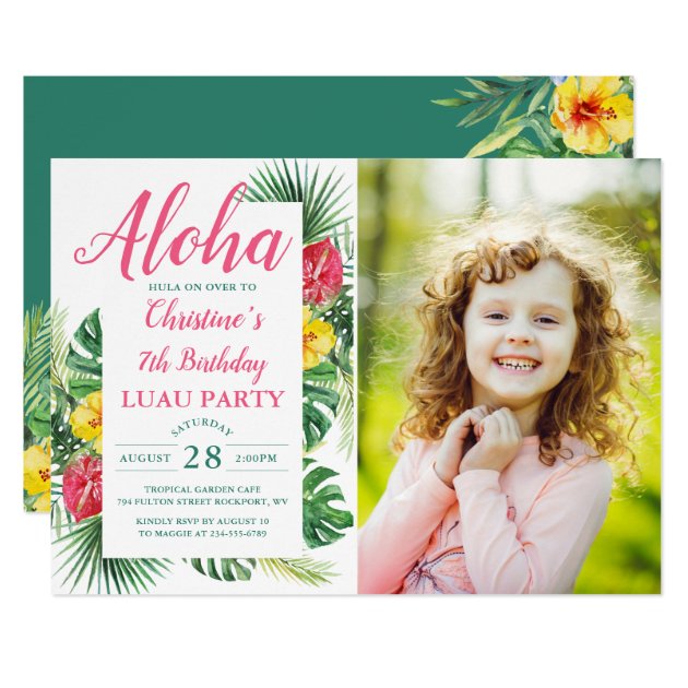 Aloha Tropical Greenery Luau Birthday Photo Invitation