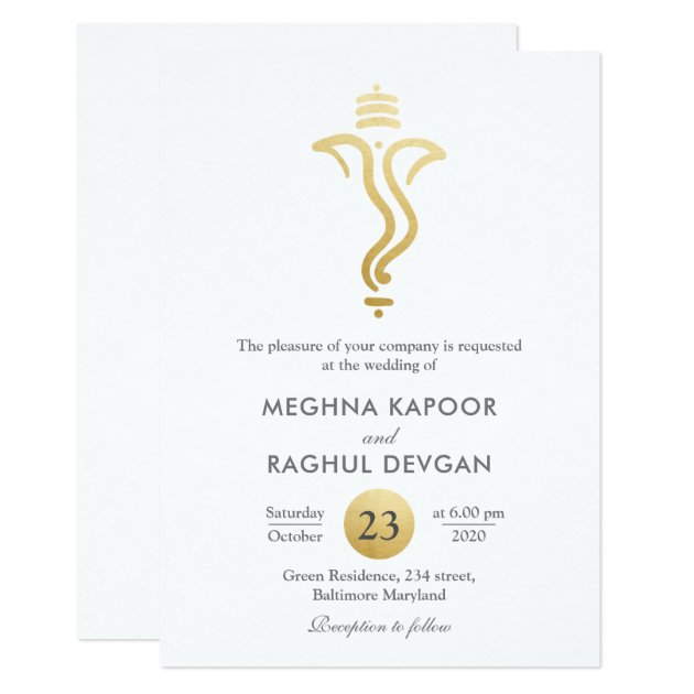Classy Fuax Gold Foil Ganesha/Indian God Wedding Invitation