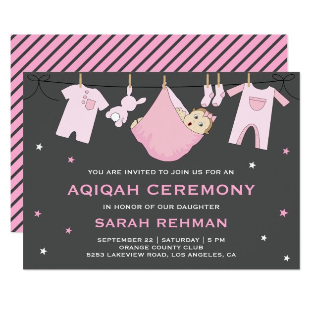 Cute Pink Baby Girl Aqiqah Invitation