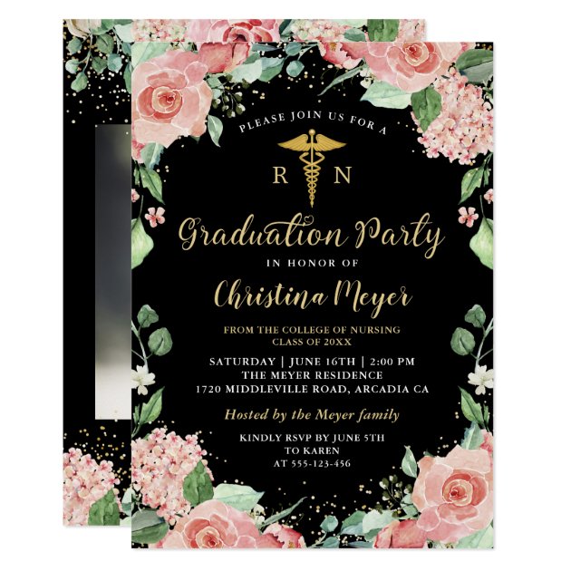 Pink Floral RN Nursing Graduation Party Photo Invitation