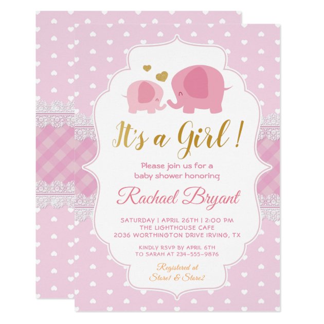 Sweet Pink Gold Lace Elephant Girl Baby Shower Invitation