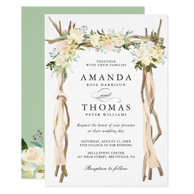Wood Arbor Arch Ivory White Rustic Floral Wedding Card