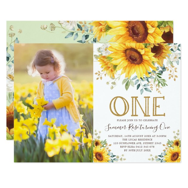 Girly Watercolor Sunflower 1st Birthday Photo Invitation