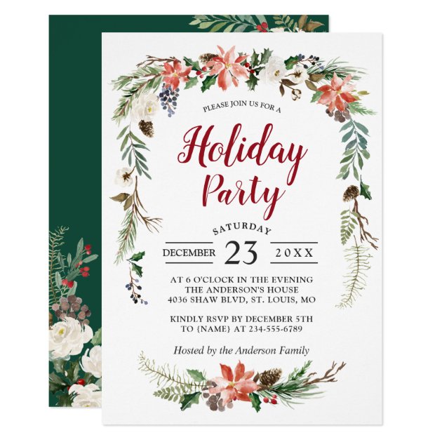 Poinsettia Holly Berry Ivory Floral Holiday Party Invitation