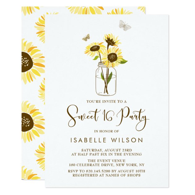 Sunflowers on Mason Jar Summer Sweet Sixteen Party Invitation