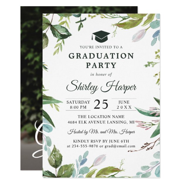 Greenery Watercolor Floral Photo Graduation Party Invitation