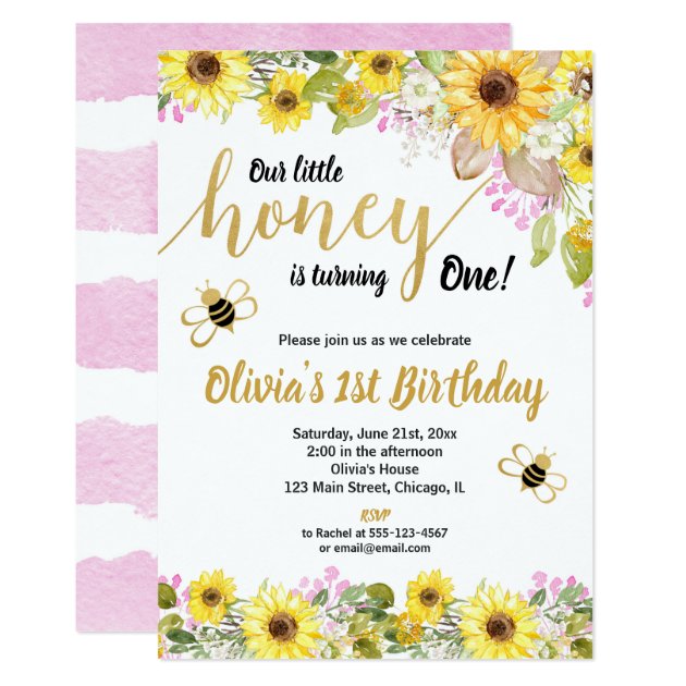 Yellow pink bumble bee sunflower girl 1st birthday invitation