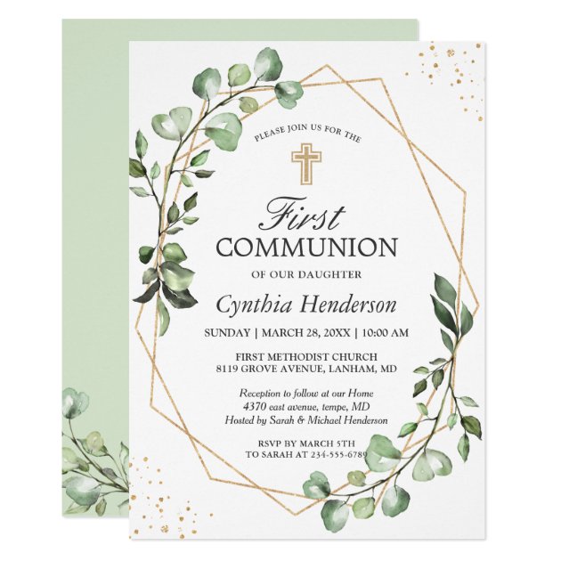 Greenery Eucalyptus Gold Geometric First Communion Invitation