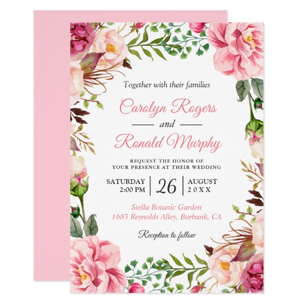 Modern Blush Pink Botanic Floral Wreath Wedding Invitation